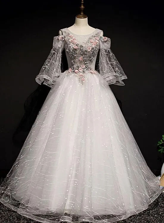 Charming Floral and Lace Ball Gown Sweet 16 Dress, Light Grey Party Dress