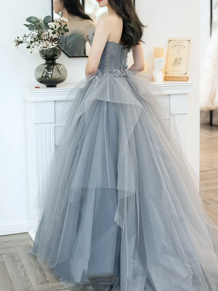 Charming Grey Tulle Long Sweet 16 Gown with Flowers, Grey Formal Dress Party Dress