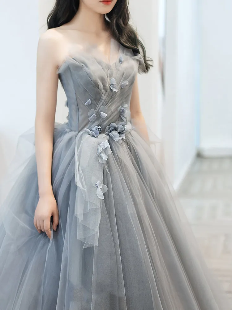Charming Grey Tulle Long Sweet 16 Gown with Flowers, Grey Formal Dress Party Dress