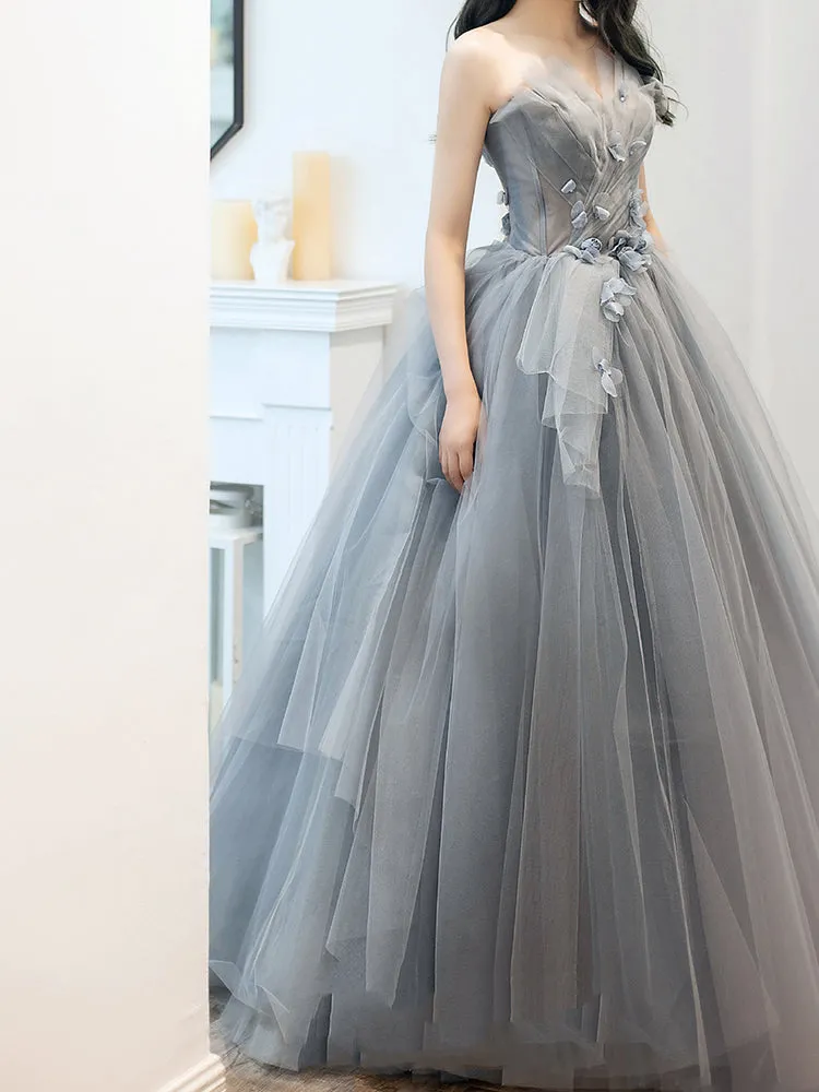 Charming Grey Tulle Long Sweet 16 Gown with Flowers, Grey Formal Dress Party Dress
