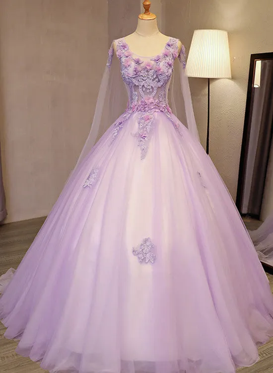 Charming Lavender Tulle Flowers Long Prom Dress, Sweet 16 Gowns