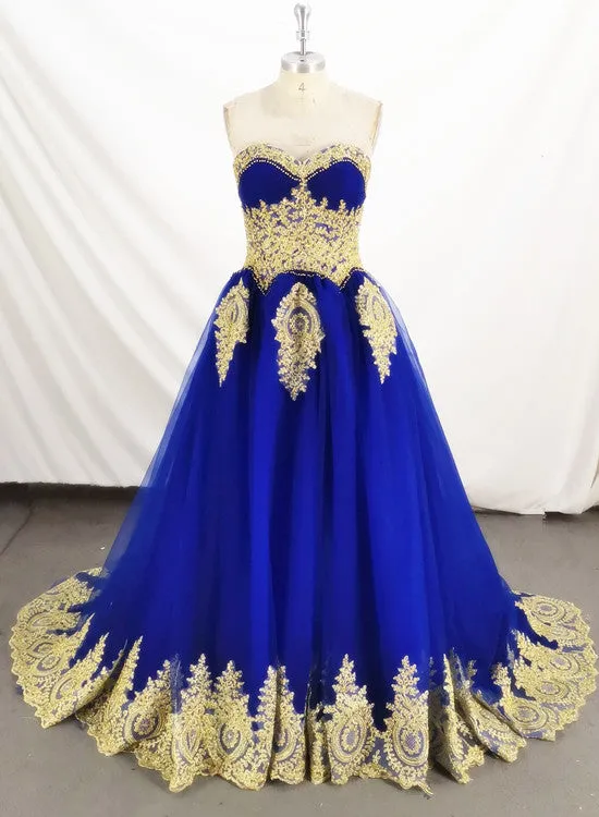 Charming Royal Blue Tulle Party Dress with Gold Lace Applique, Prom Dress