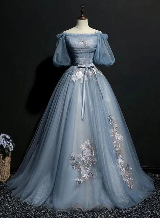 Charming Tulle Puffy Sleeves Long Formal Gown, Prom Dress