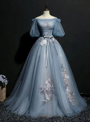Charming Tulle Puffy Sleeves Long Formal Gown, Prom Dress