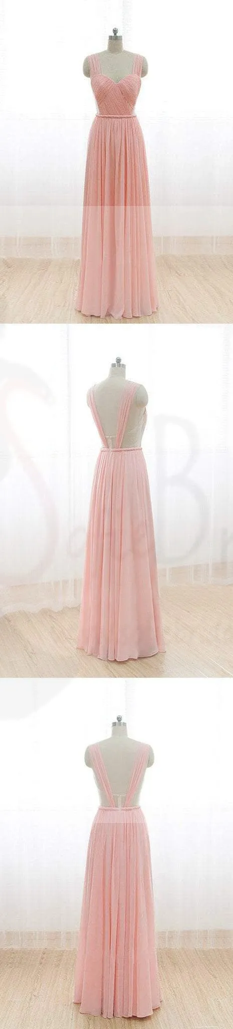 Cheap Junior Long Chiffon Pink Off Shoulder Sweet Heart Open Back Bridesmaid Dresses, WG21
