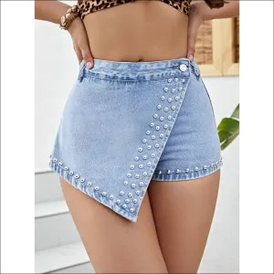 Chic Asymmetrical Studded Denim Shorts