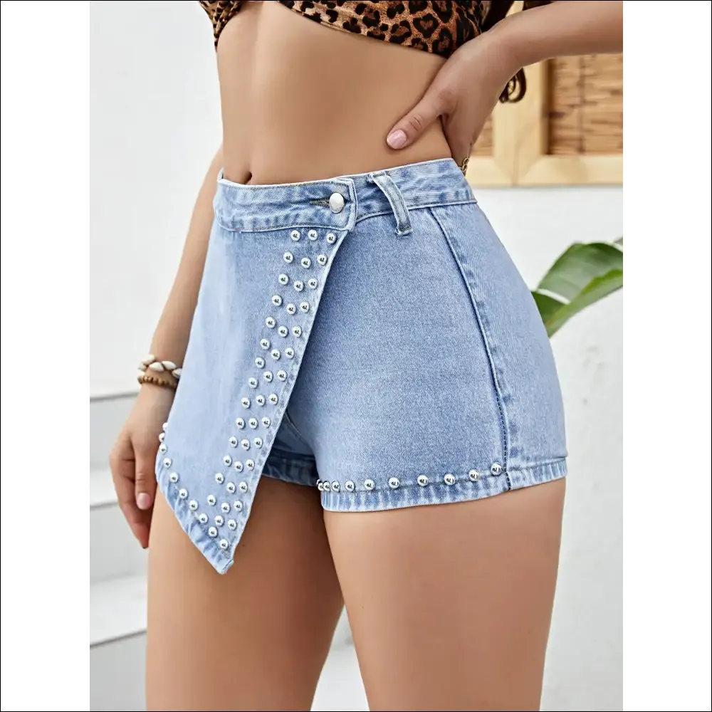 Chic Asymmetrical Studded Denim Shorts
