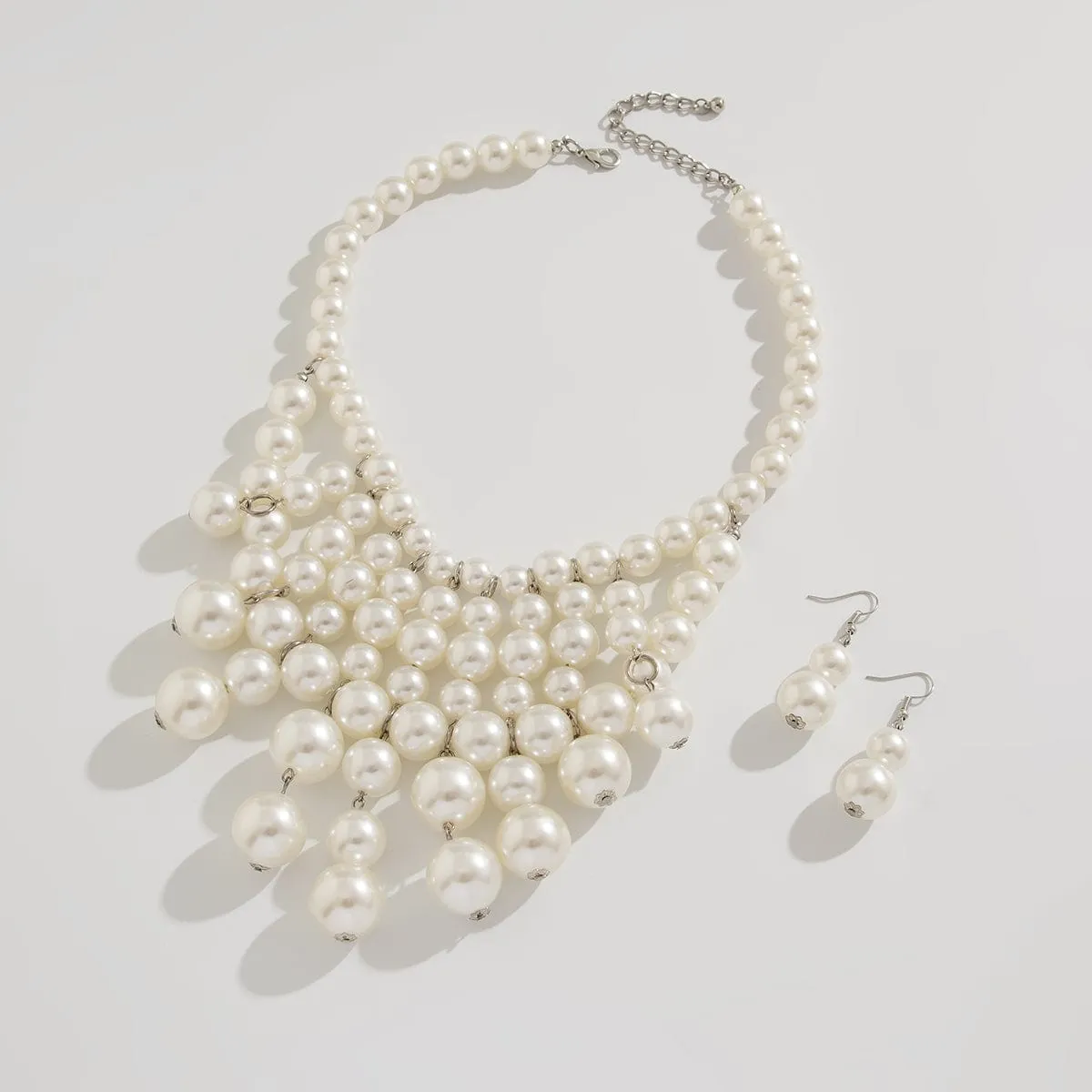 Chic Chunky Pearl Tassel Chain Necklace Earrings Set
