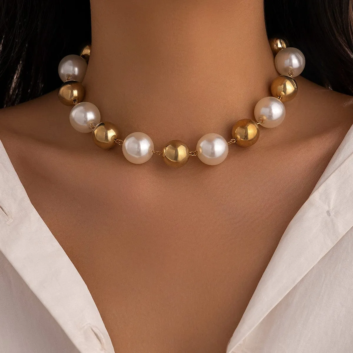 Chic Chunky Two Tone Pearl Chain Choker Necklace