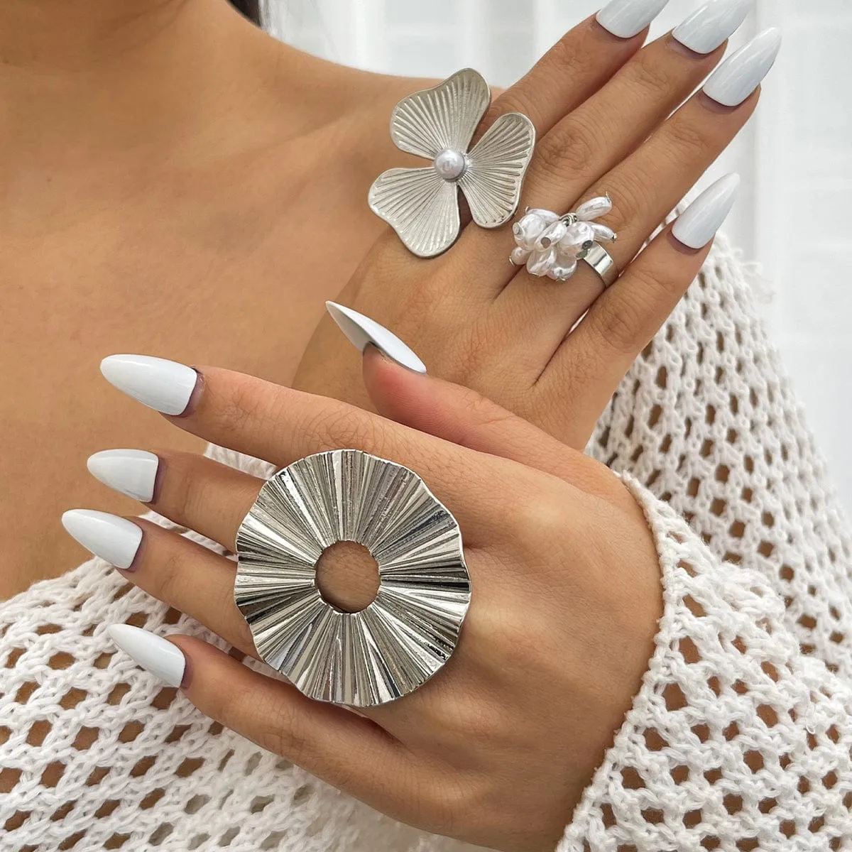 Chic Gold Silver Tone Flower Lotus Leaf Pearl Tassel Open Ring Set