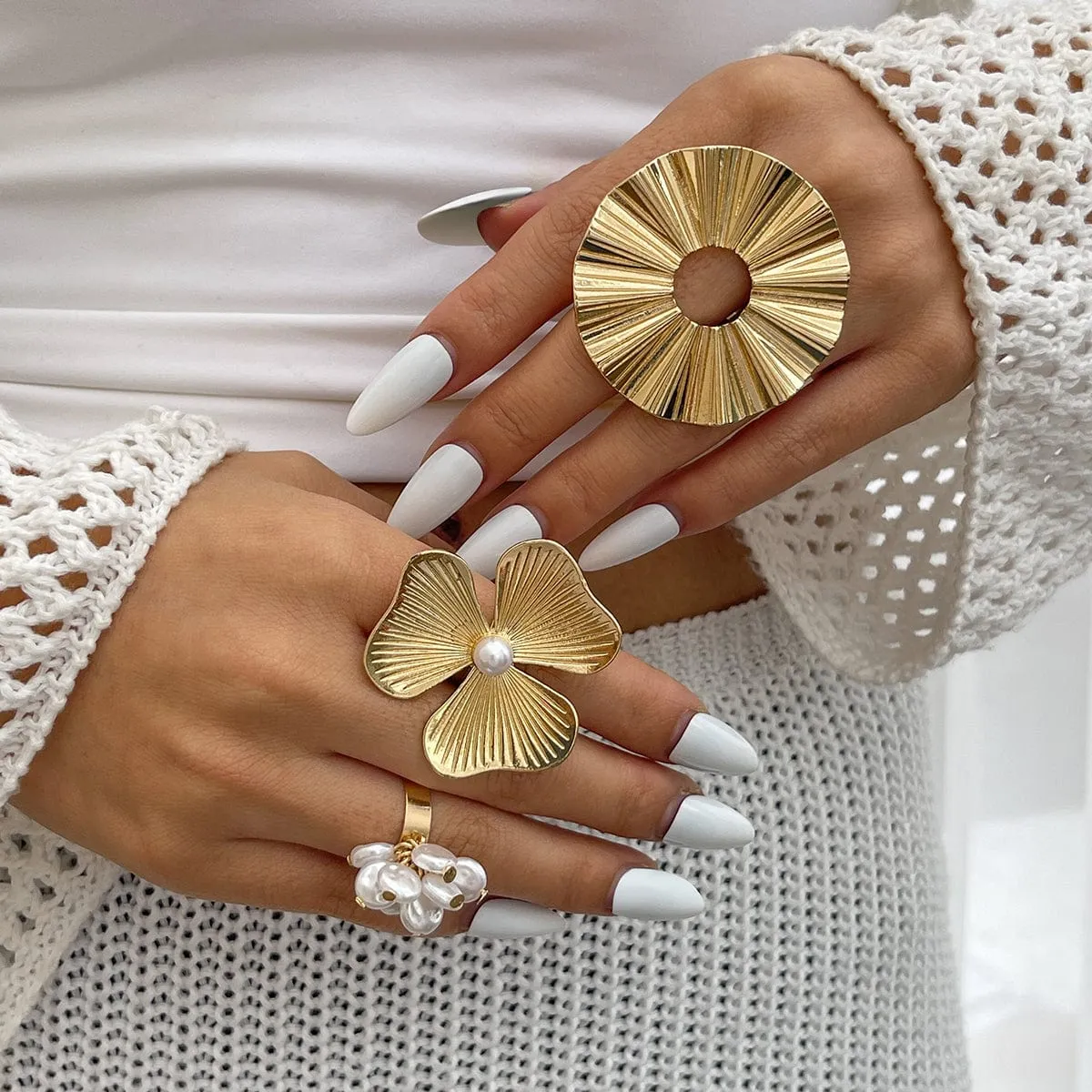 Chic Gold Silver Tone Flower Lotus Leaf Pearl Tassel Open Ring Set