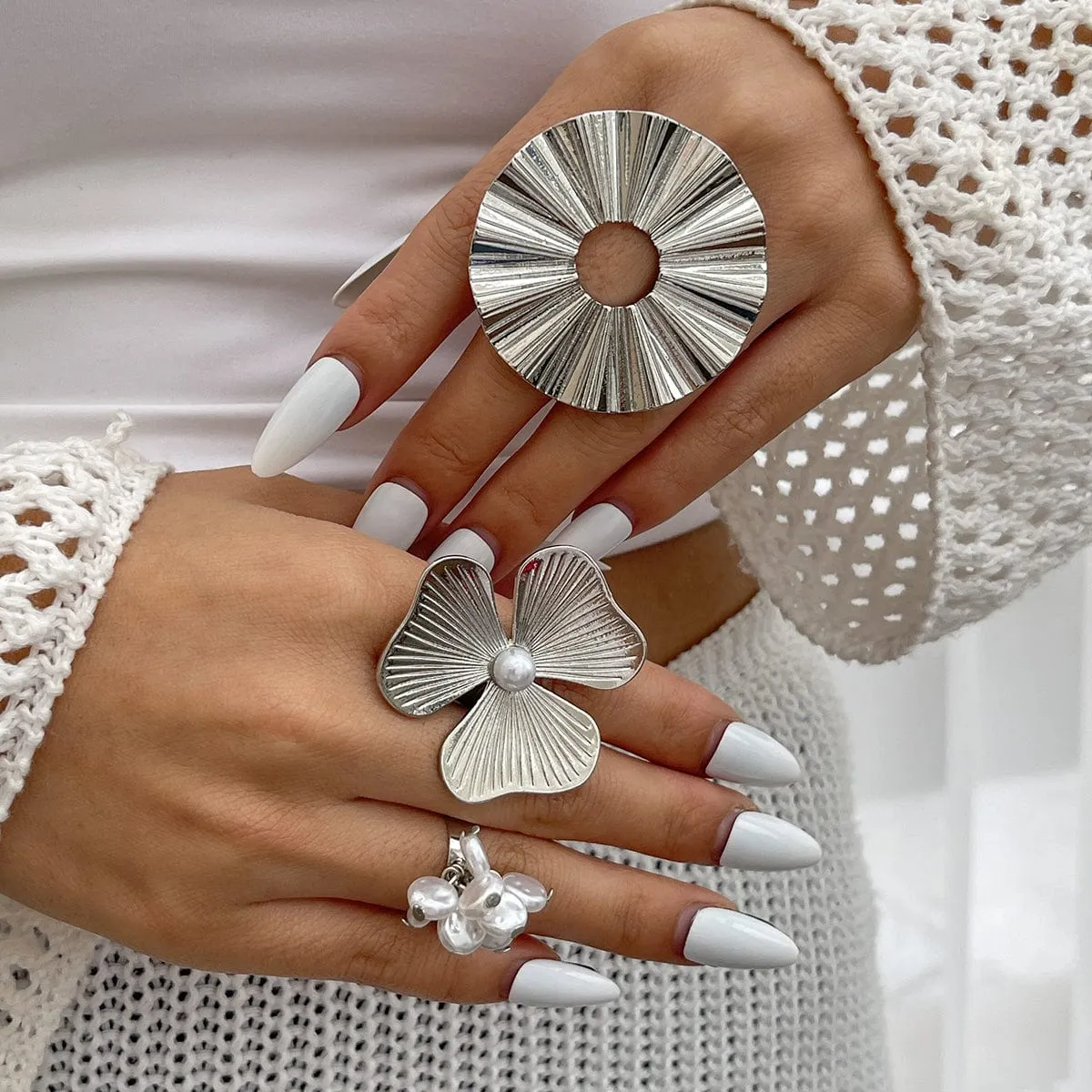 Chic Gold Silver Tone Flower Lotus Leaf Pearl Tassel Open Ring Set