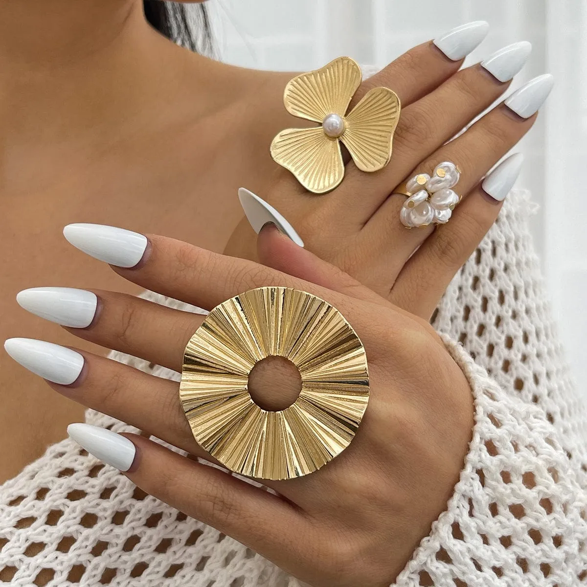 Chic Gold Silver Tone Flower Lotus Leaf Pearl Tassel Open Ring Set