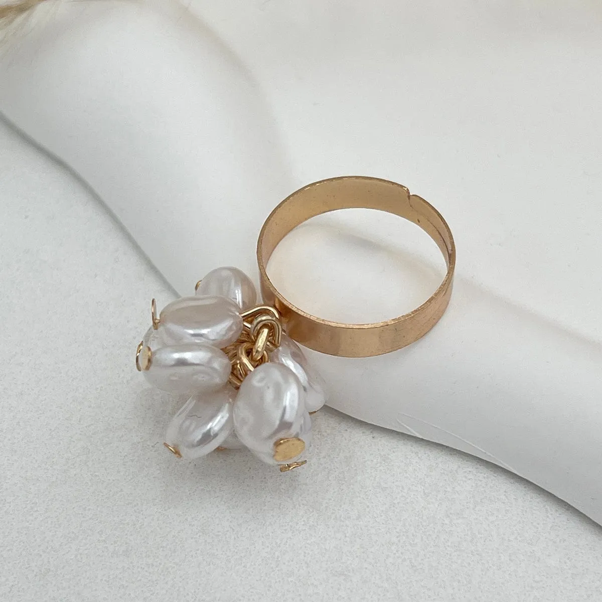 Chic Gold Silver Tone Flower Lotus Leaf Pearl Tassel Open Ring Set