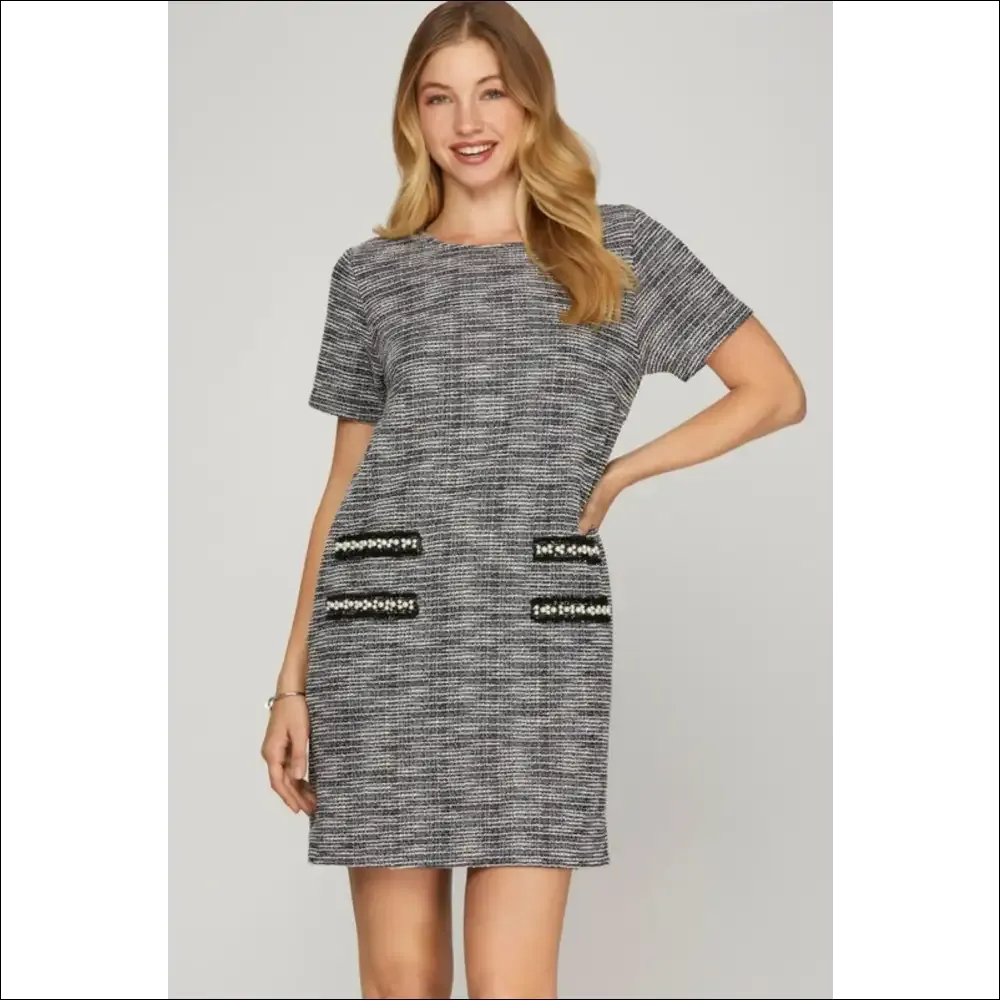 Chic Pearl Studded Plus Size Knit Tweed Dress