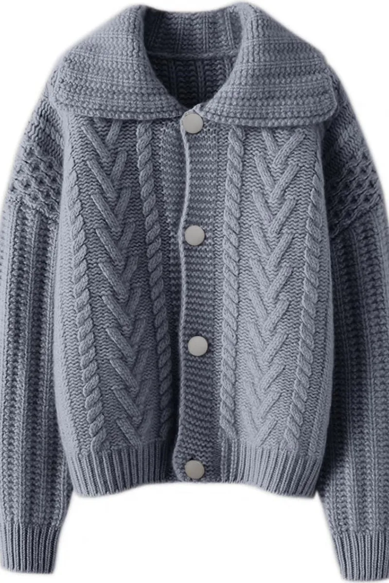 Chouyatou Women Winter Thick Cardigan Lapel Collar Button Down Chunky Knit Coatigan Sweater Jacket