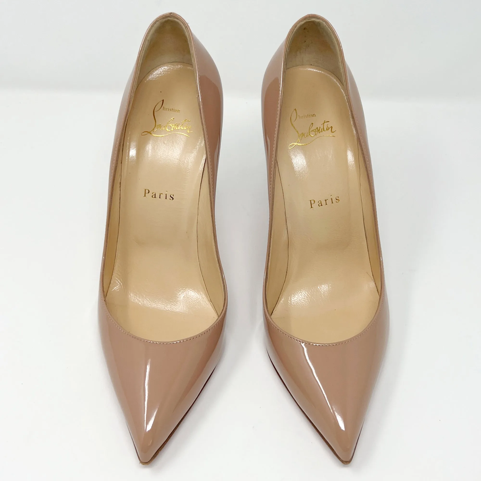 Christian Louboutin Pigalle Follies Tan Nude Patent Leather Pointed Pumps Heels