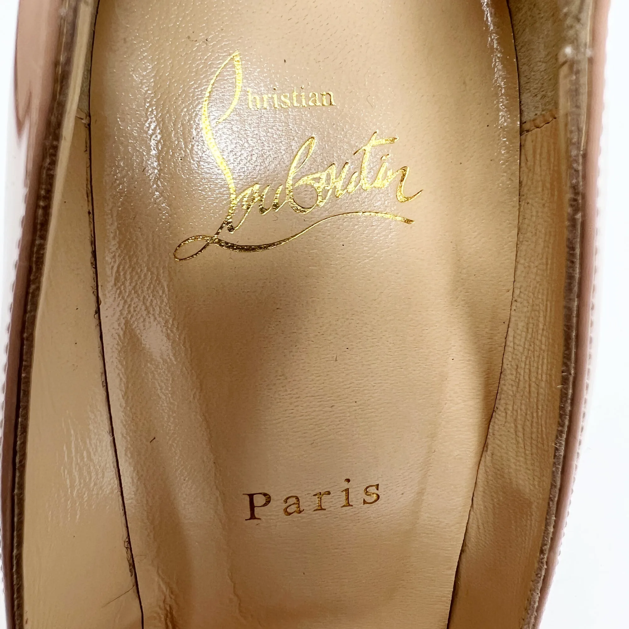 Christian Louboutin Pigalle Follies Tan Nude Patent Leather Pointed Pumps Heels