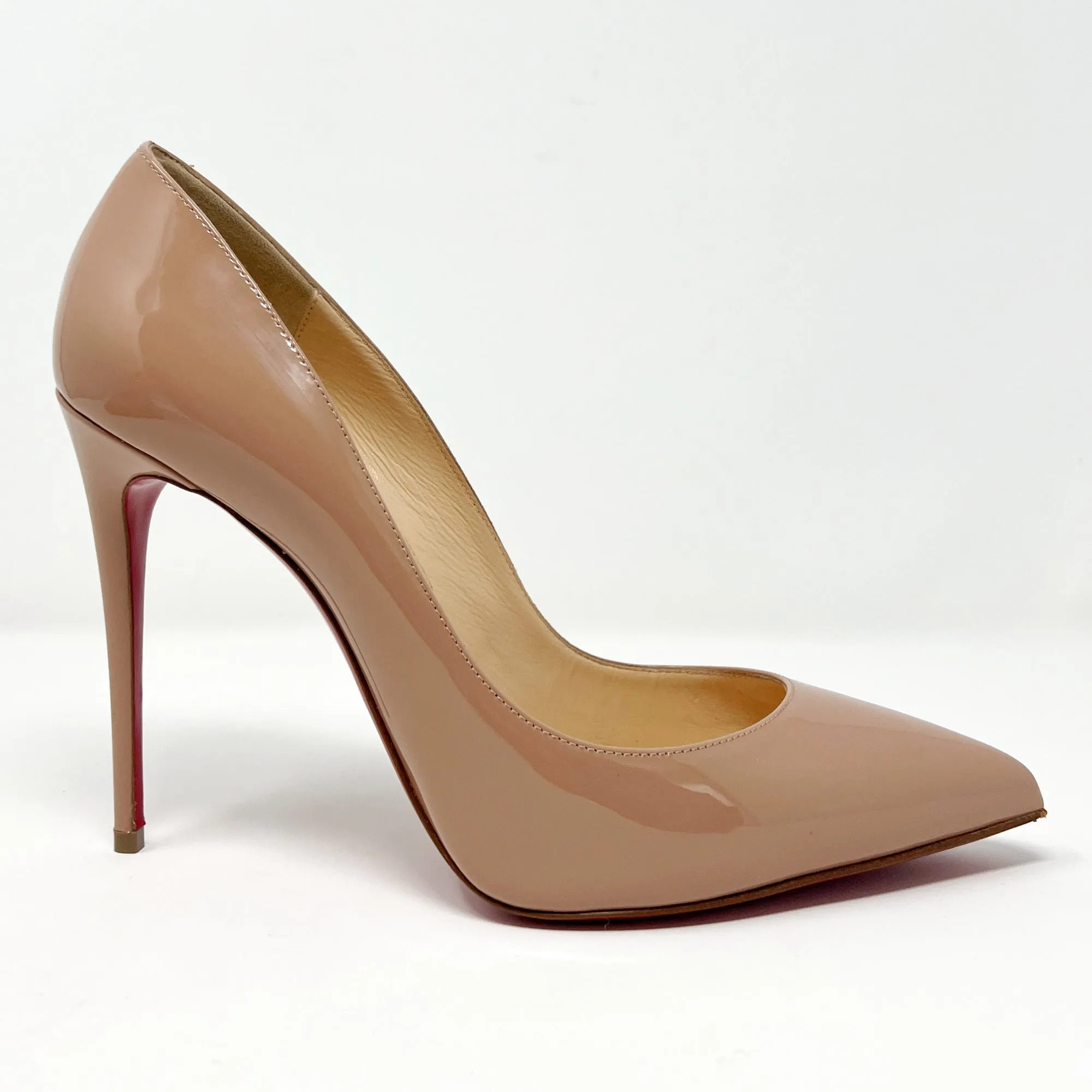 Christian Louboutin Pigalle Follies Tan Nude Patent Leather Pointed Pumps Heels