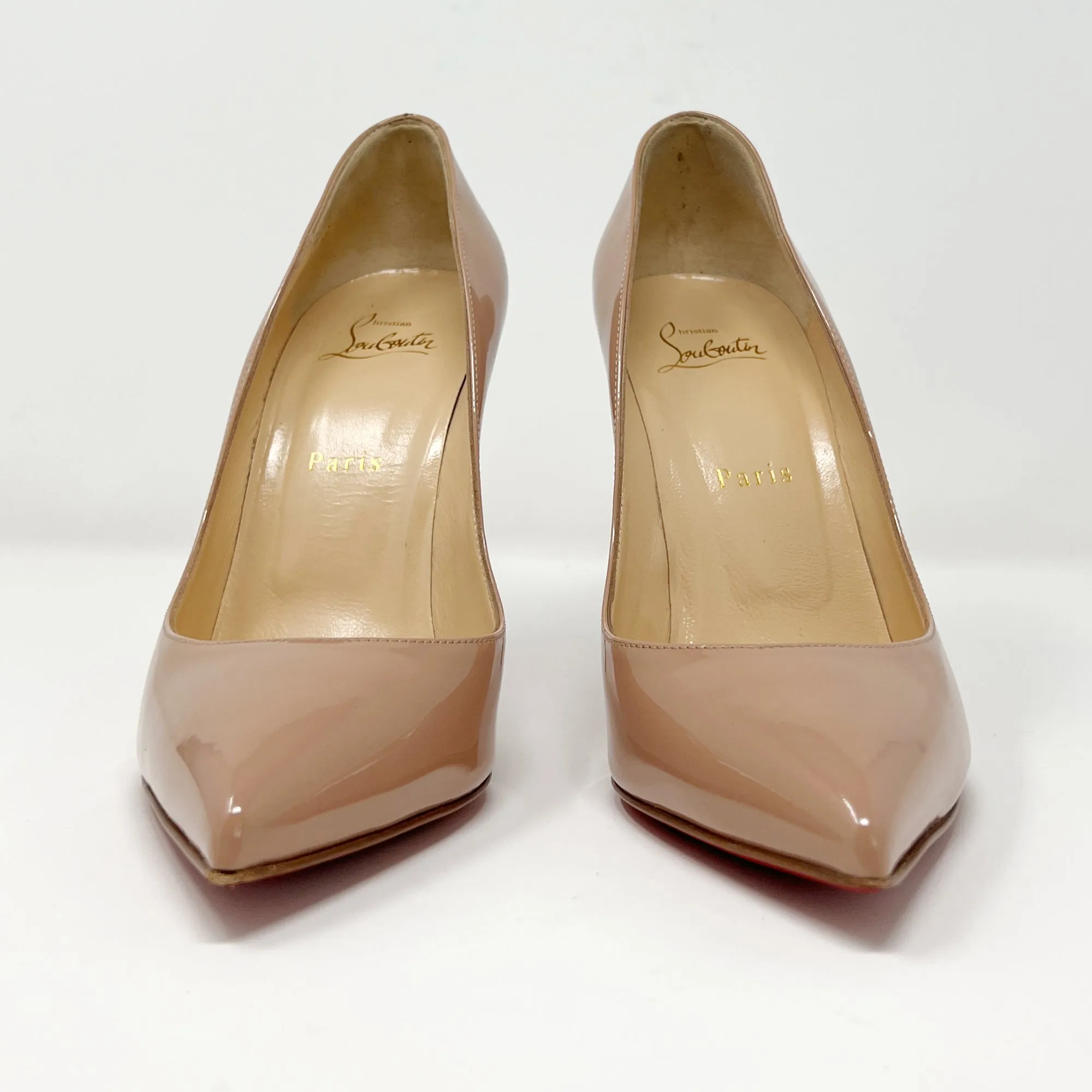 Christian Louboutin Pigalle Follies Tan Nude Patent Leather Pointed Pumps Heels