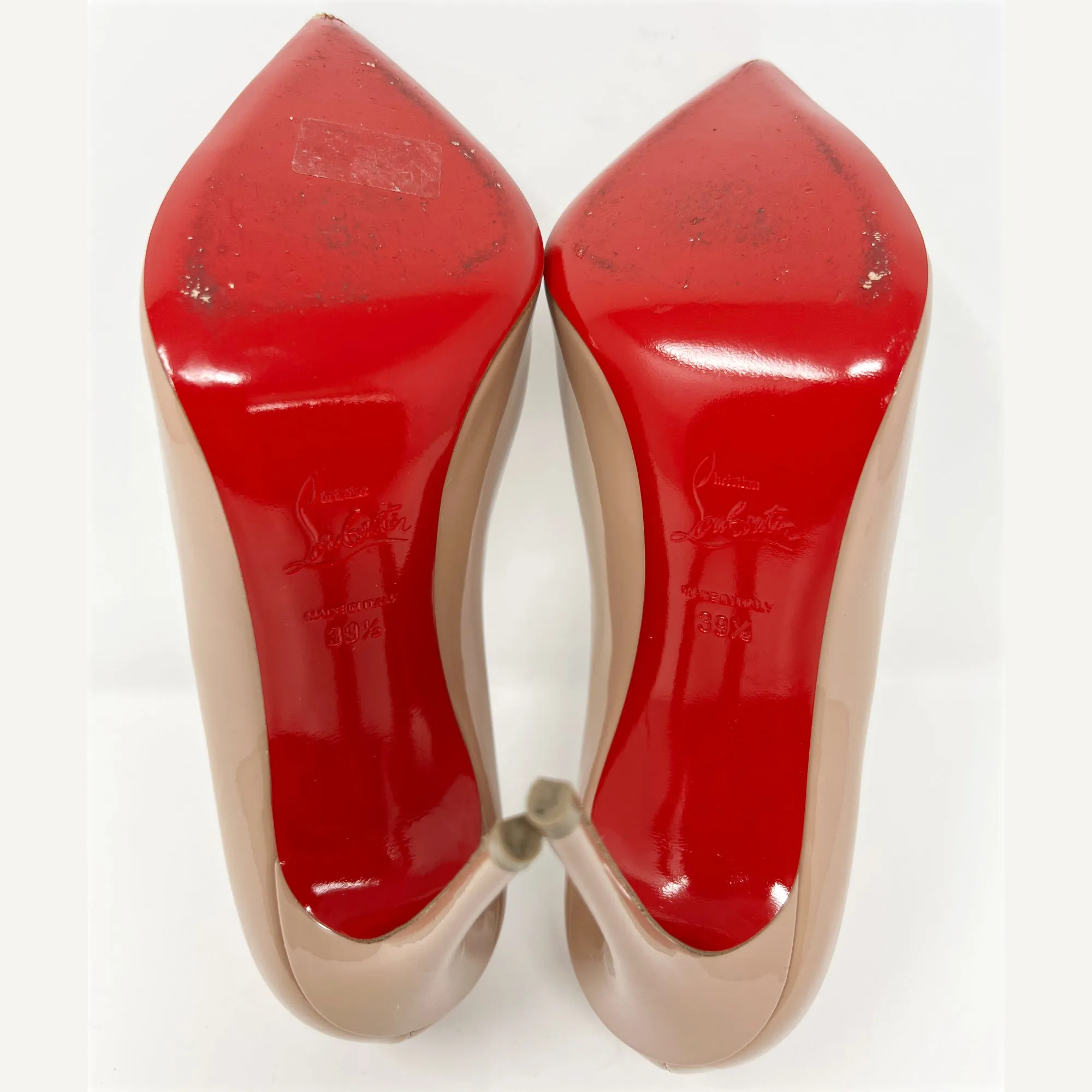 Christian Louboutin Pigalle Follies Tan Nude Patent Leather Pointed Pumps Heels