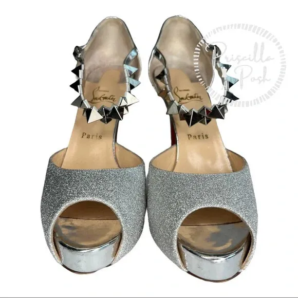Christian Louboutin Planisfemme Studded Glitter Platform Sandals In Silver 40.5