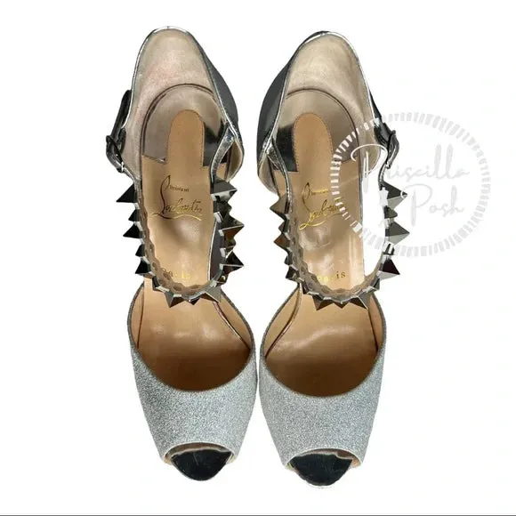 Christian Louboutin Planisfemme Studded Glitter Platform Sandals In Silver 40.5