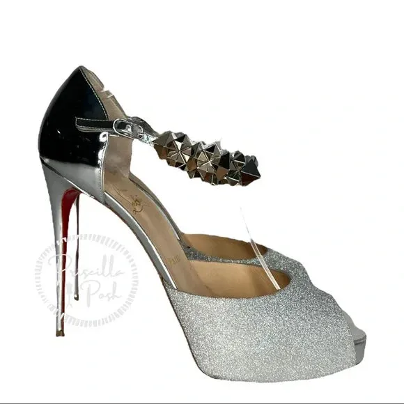 Christian Louboutin Planisfemme Studded Glitter Platform Sandals In Silver 40.5