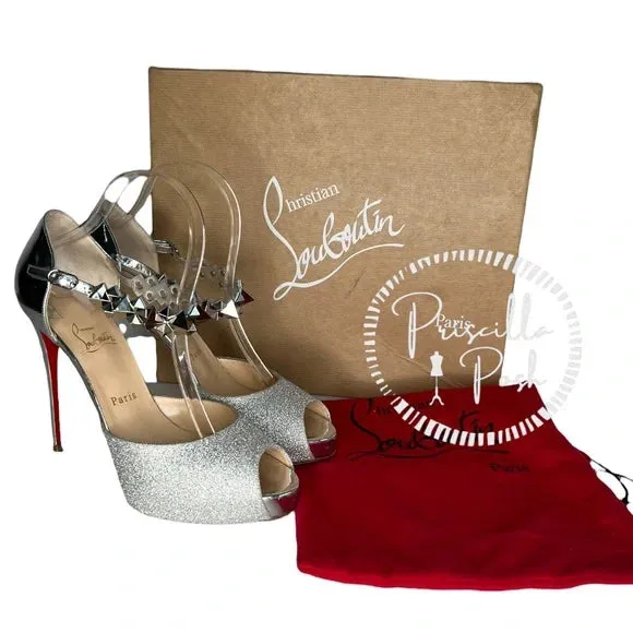 Christian Louboutin Planisfemme Studded Glitter Platform Sandals In Silver 40.5