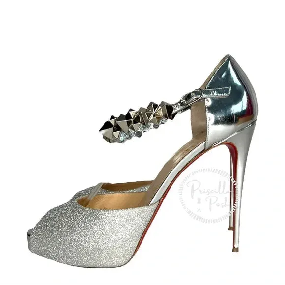 Christian Louboutin Planisfemme Studded Glitter Platform Sandals In Silver 40.5