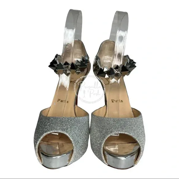 Christian Louboutin Planisfemme Studded Glitter Platform Sandals In Silver 40.5