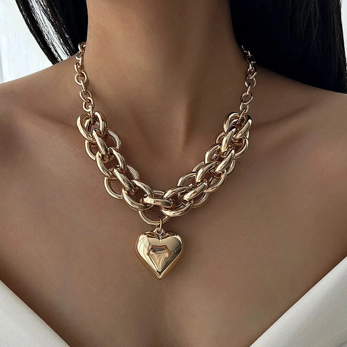 Chunky Gold Silver Plated Heart Pendant Chain Necklace