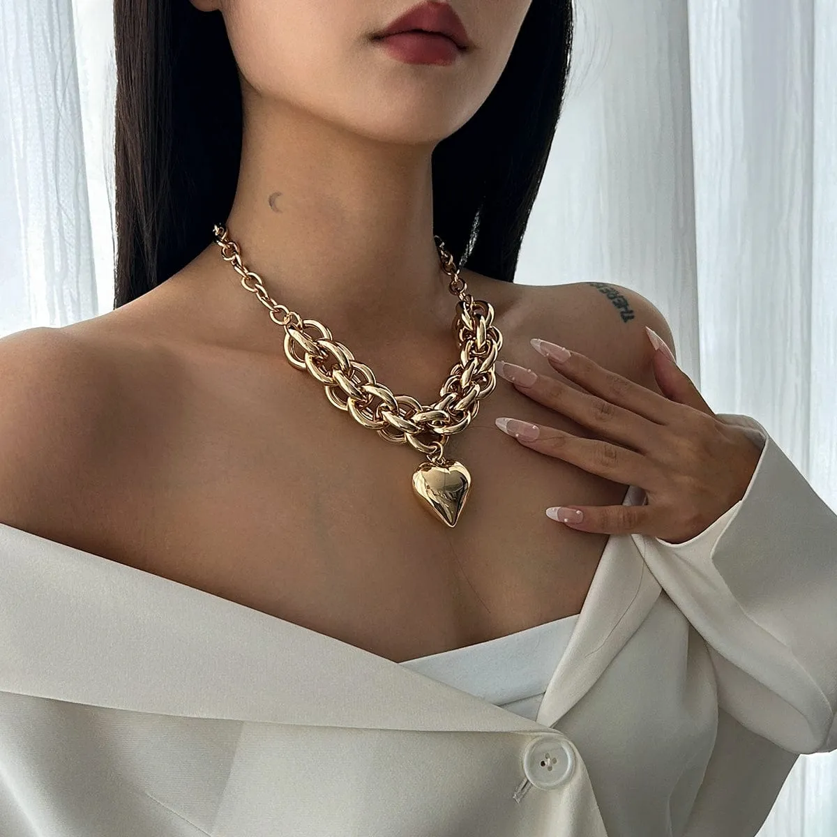 Chunky Gold Silver Plated Heart Pendant Chain Necklace