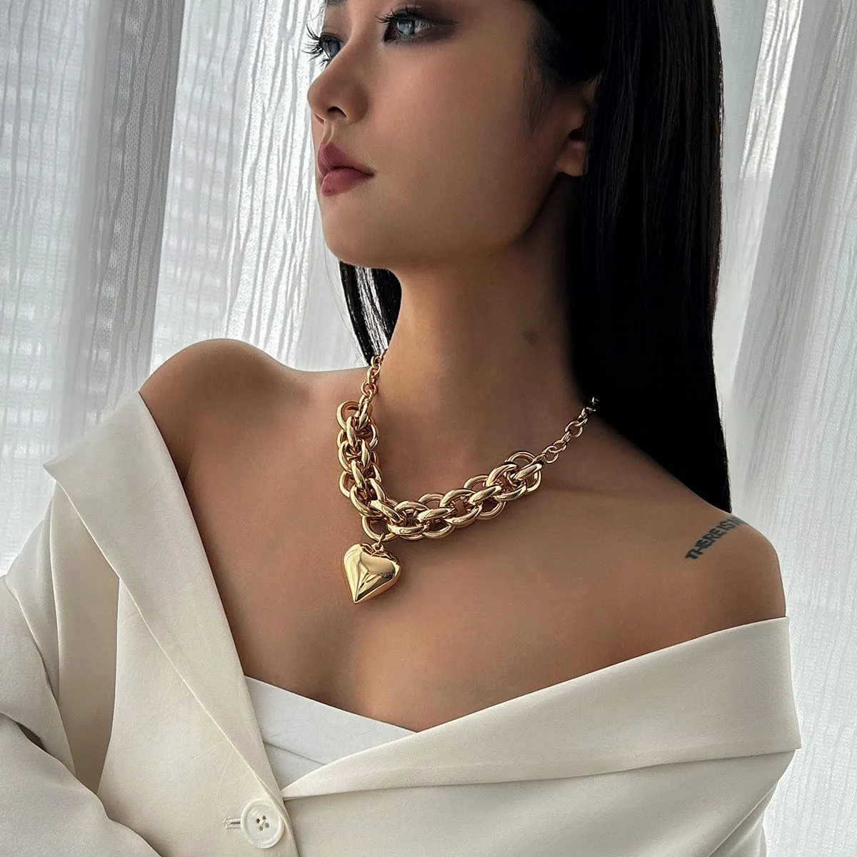 Chunky Gold Silver Plated Heart Pendant Chain Necklace