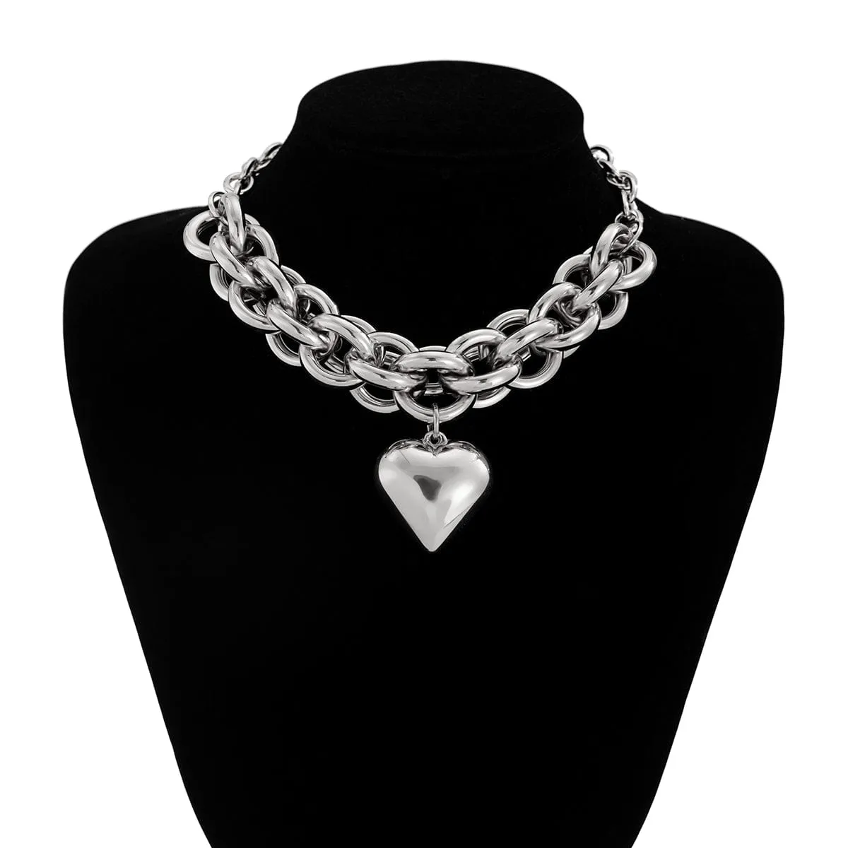 Chunky Gold Silver Plated Heart Pendant Chain Necklace