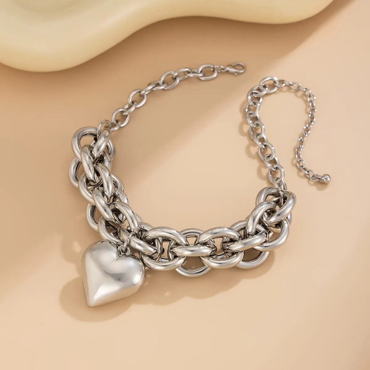 Chunky Gold Silver Plated Heart Pendant Chain Necklace