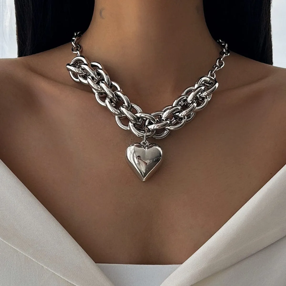 Chunky Gold Silver Plated Heart Pendant Chain Necklace