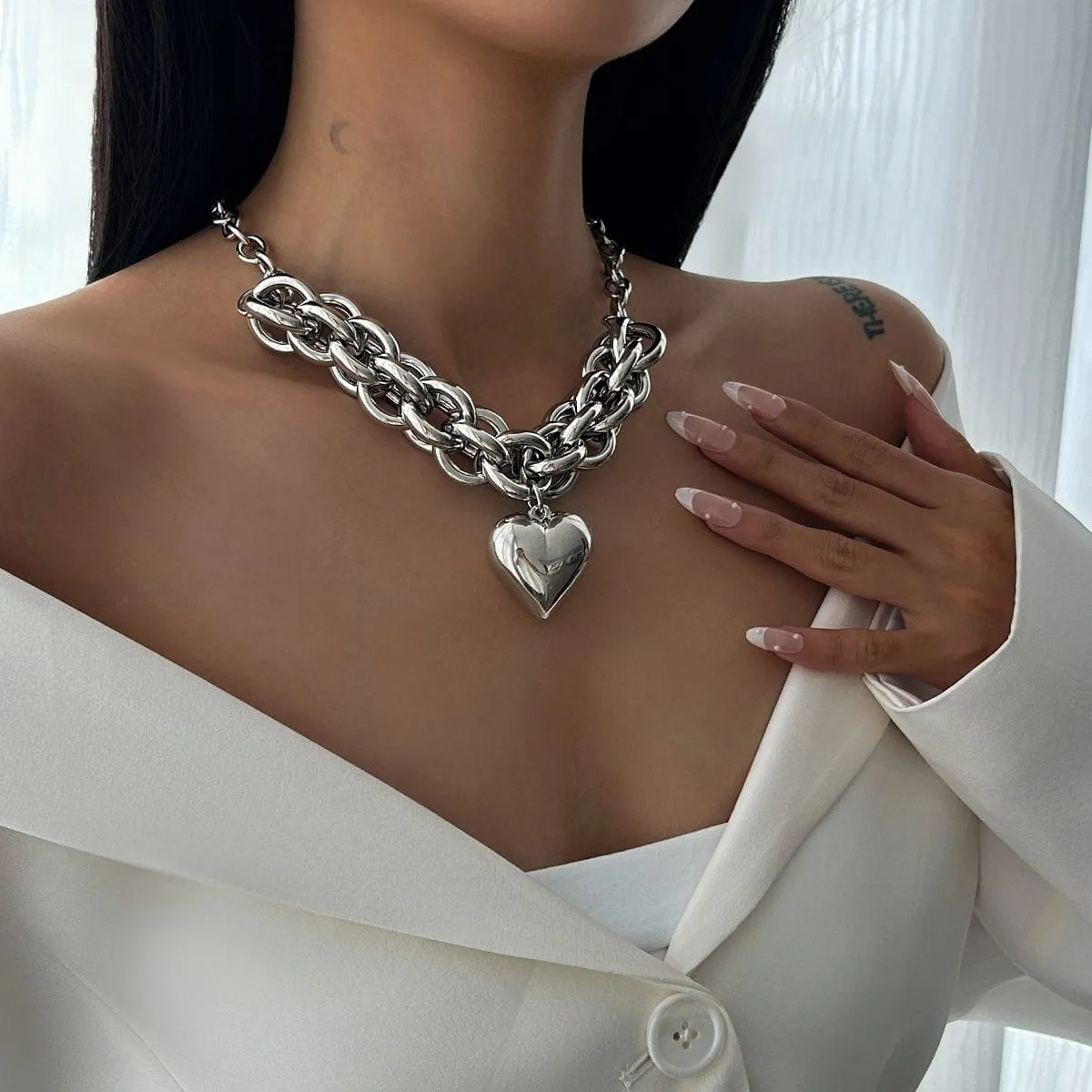 Chunky Gold Silver Plated Heart Pendant Chain Necklace