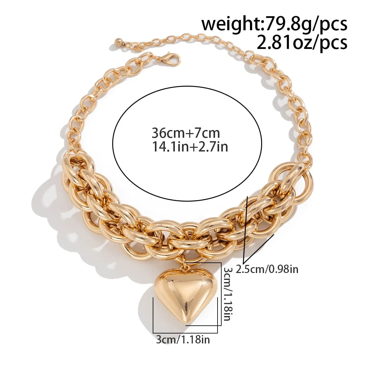 Chunky Gold Silver Plated Heart Pendant Chain Necklace