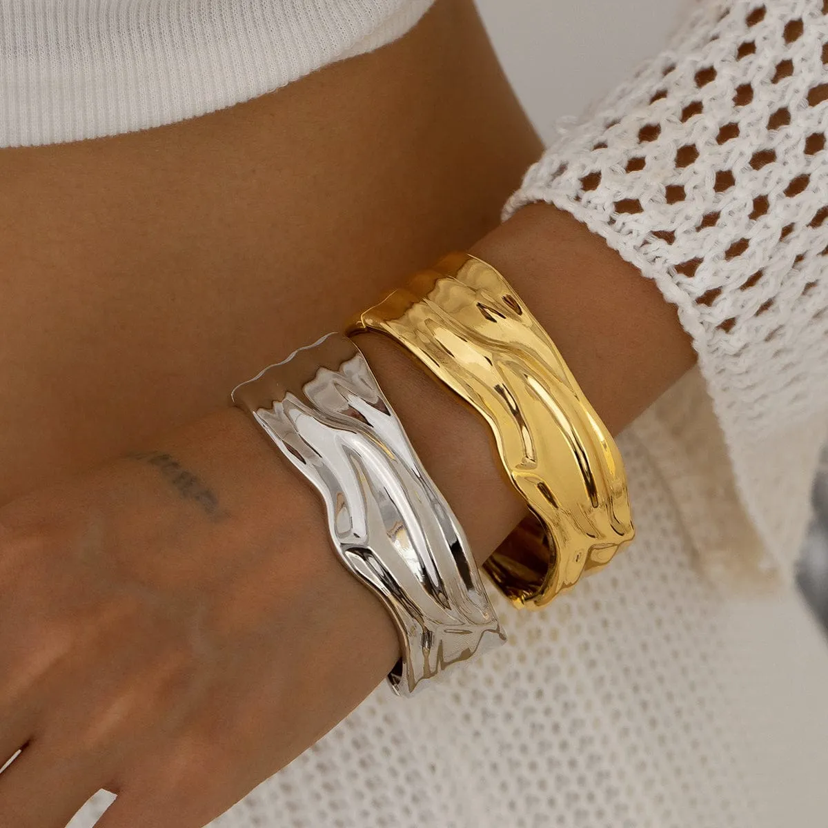 Chunky Gold Silver Plated Wave Bangle Bracelet