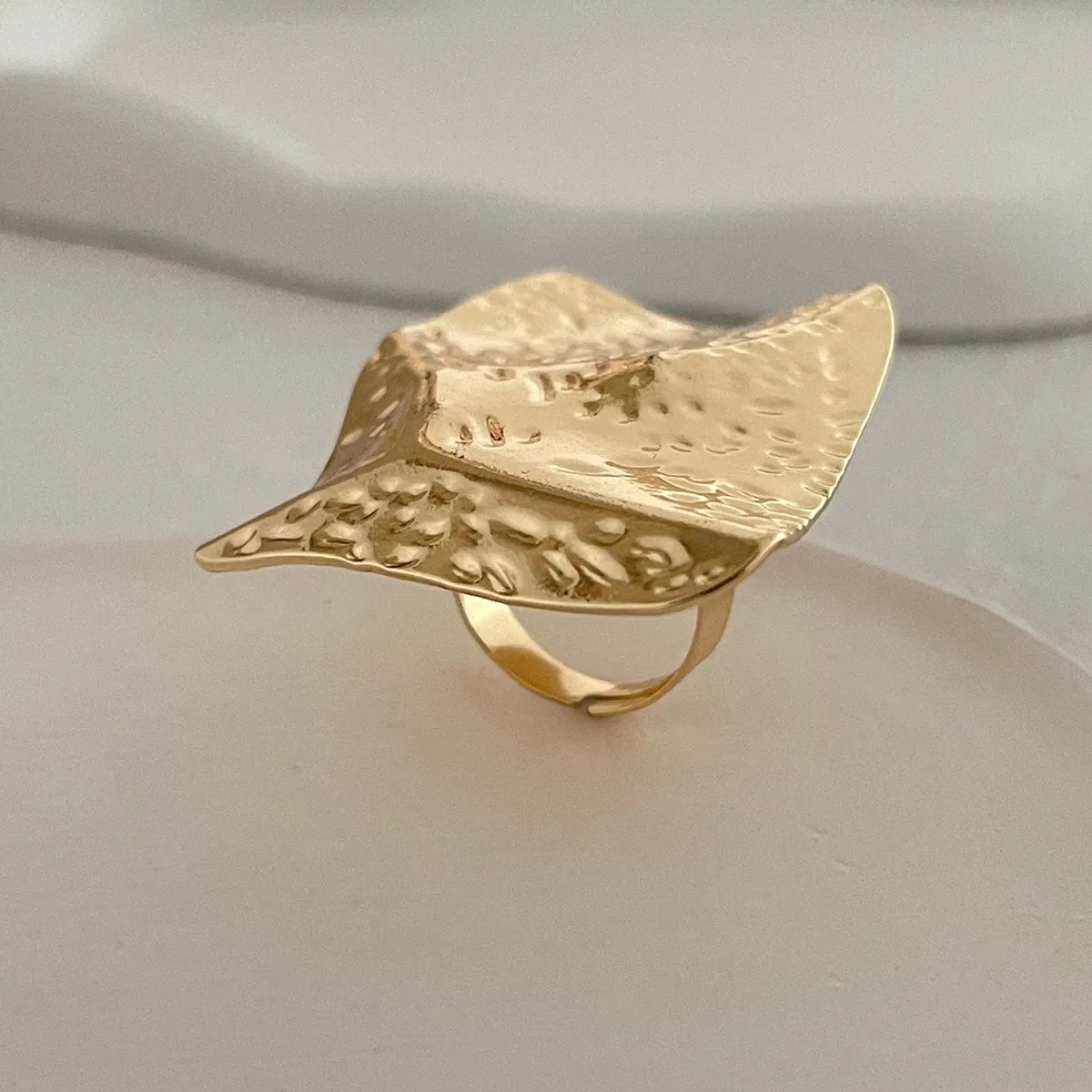 Chunky Gold Silver Tone Irregular Pleated Square Flower Pearl Open Ring Set
