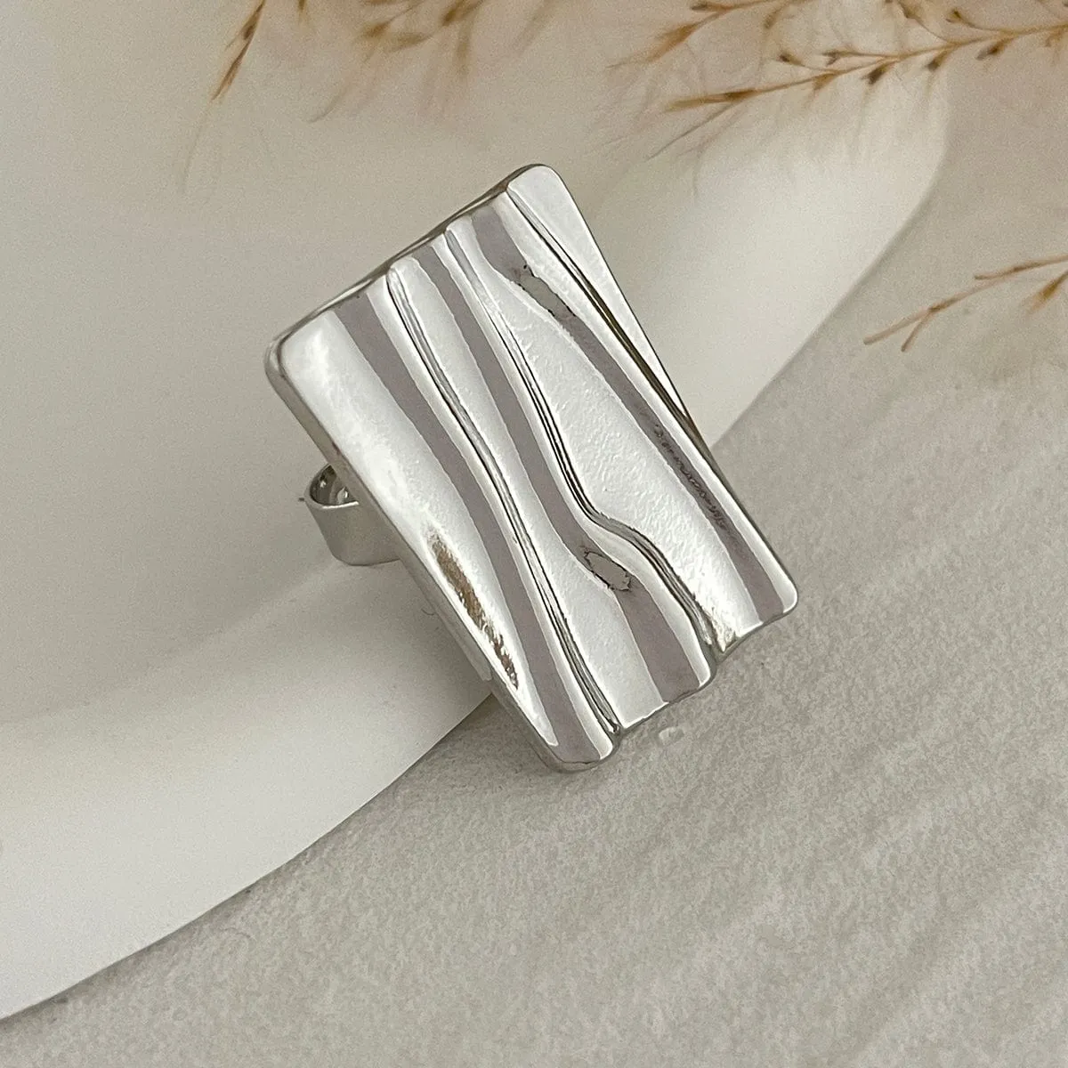 Chunky Gold Silver Tone Irregular Pleated Square Flower Pearl Open Ring Set
