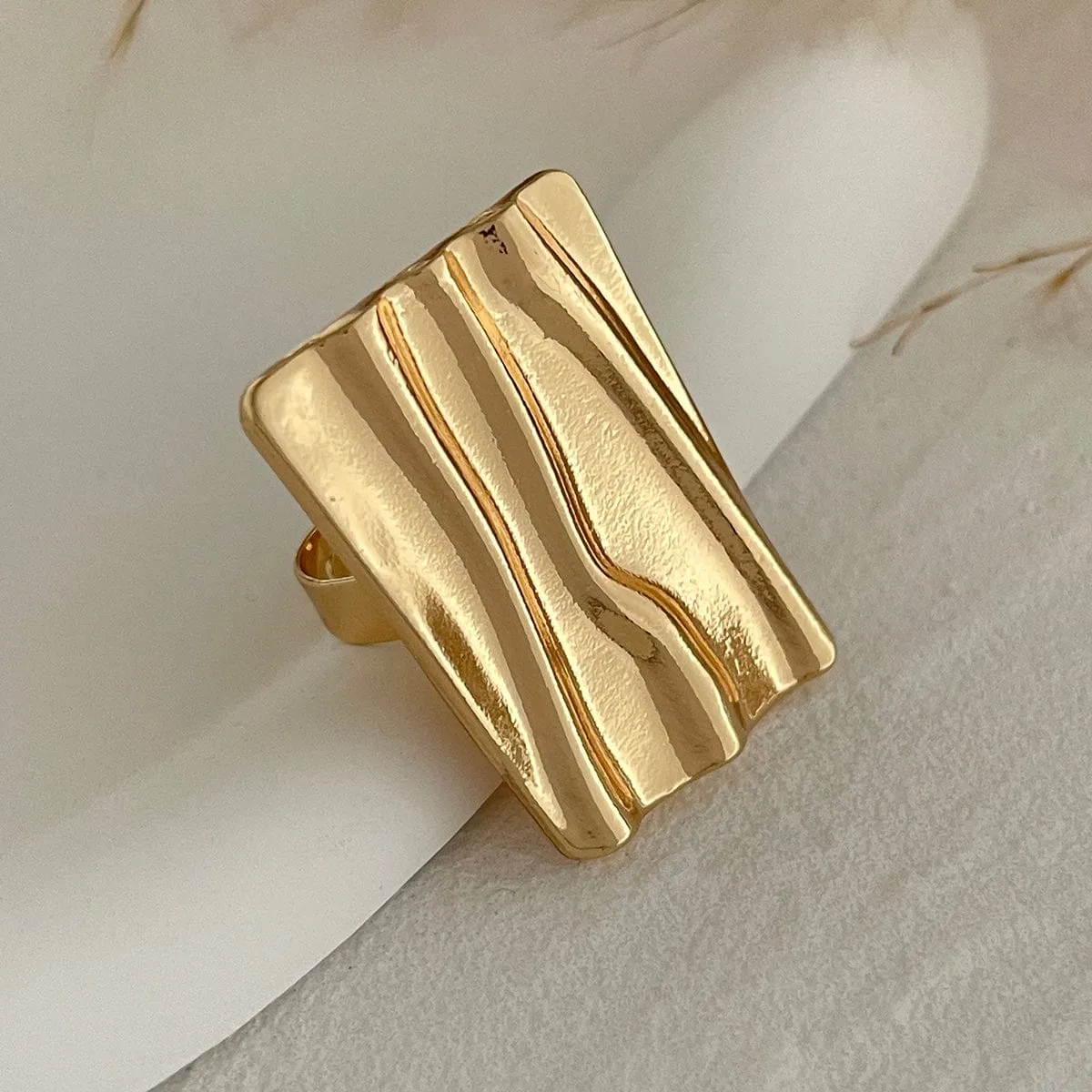 Chunky Gold Silver Tone Irregular Pleated Square Flower Pearl Open Ring Set