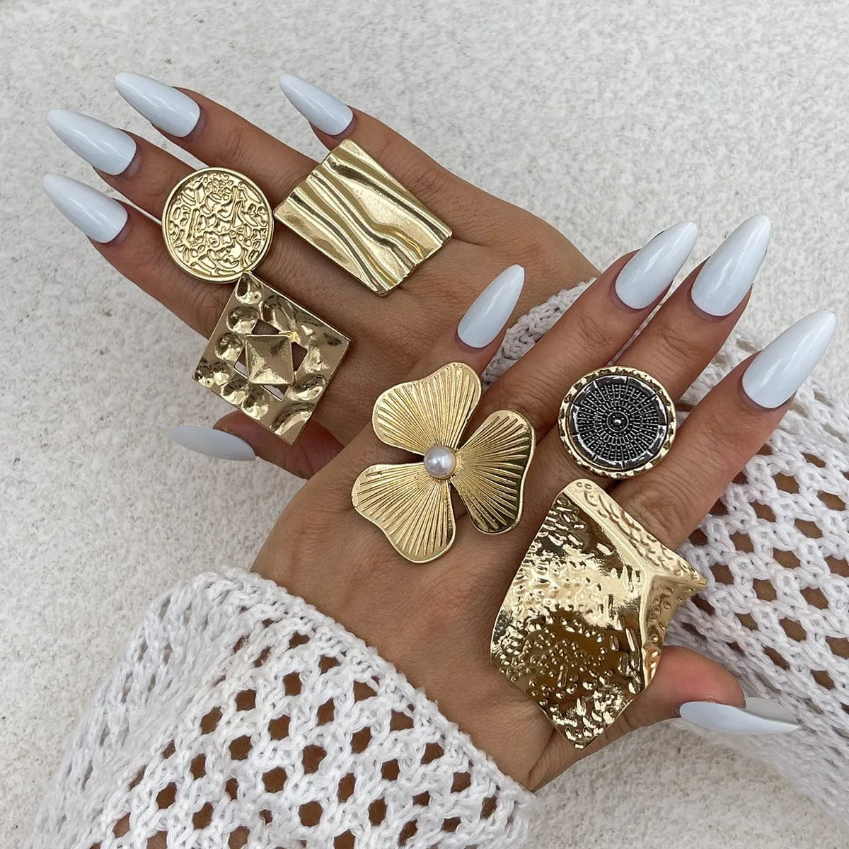 Chunky Gold Silver Tone Irregular Pleated Square Flower Pearl Open Ring Set