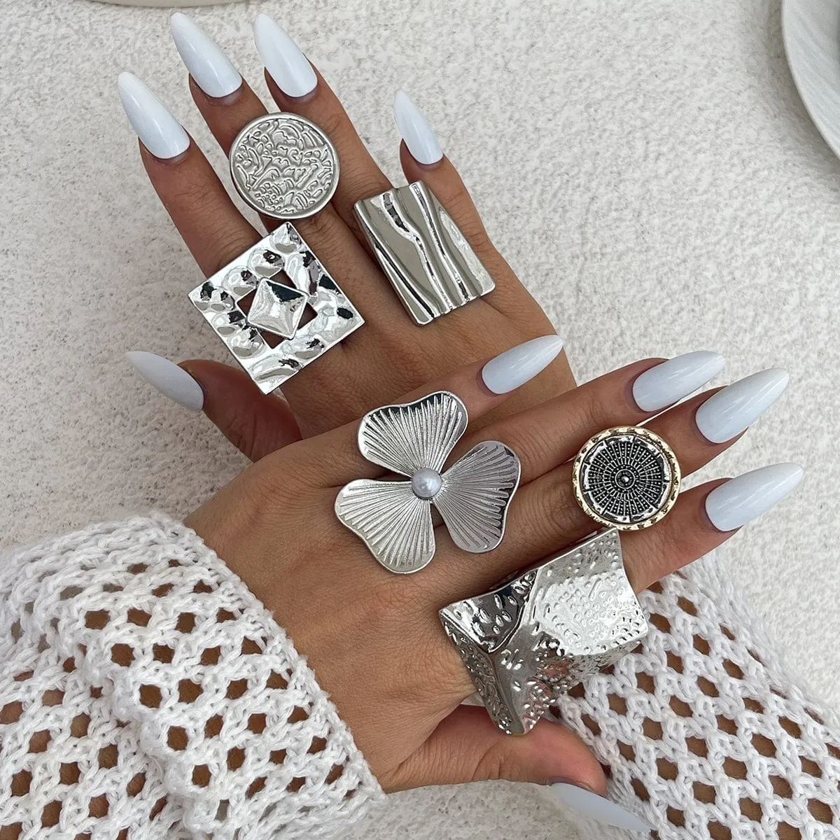 Chunky Gold Silver Tone Irregular Pleated Square Flower Pearl Open Ring Set