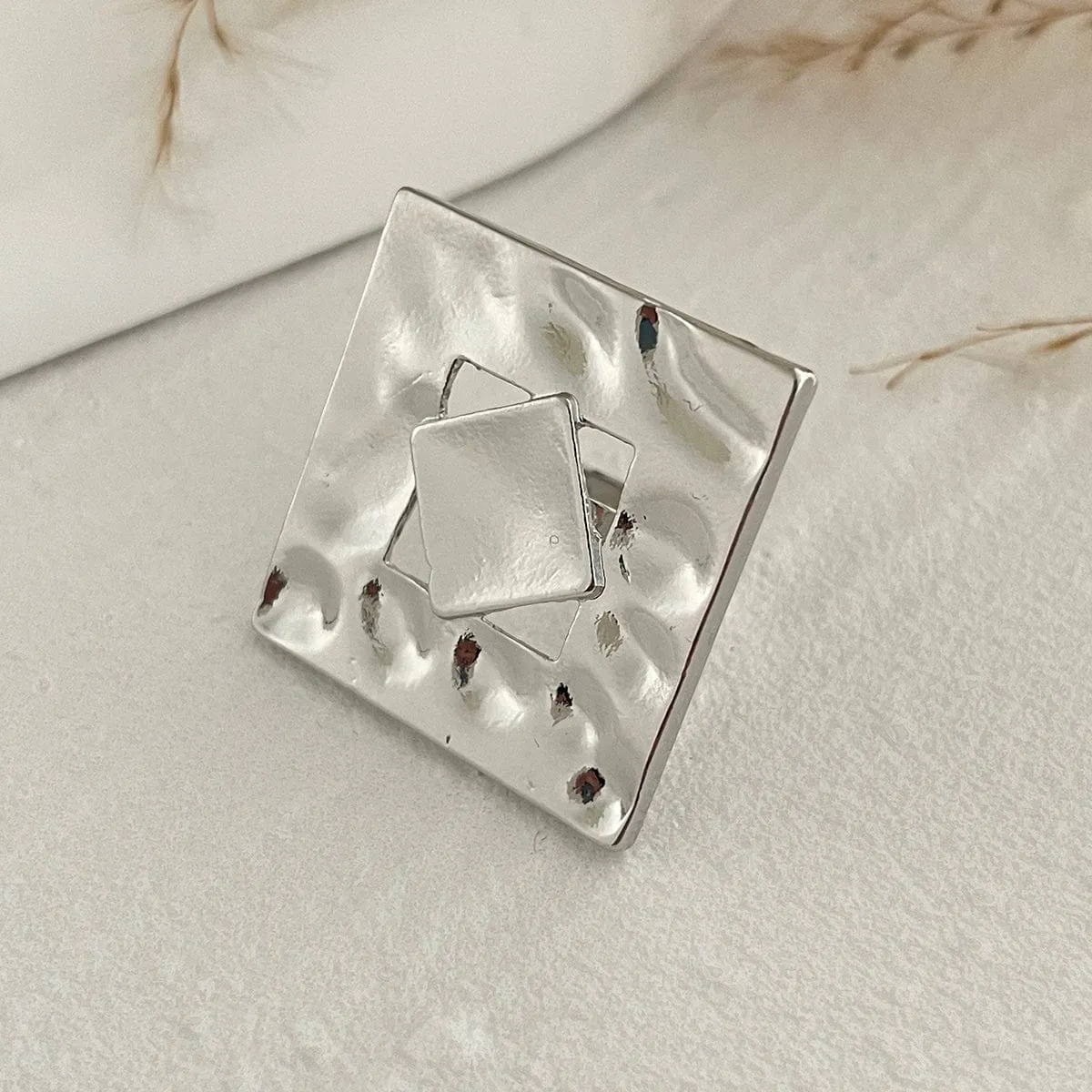 Chunky Gold Silver Tone Irregular Pleated Square Flower Pearl Open Ring Set
