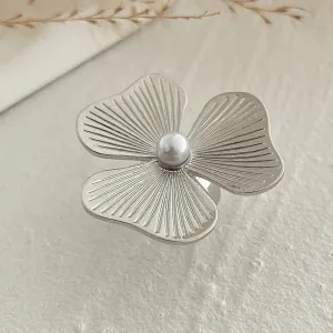 Chunky Gold Silver Tone Irregular Pleated Square Flower Pearl Open Ring Set