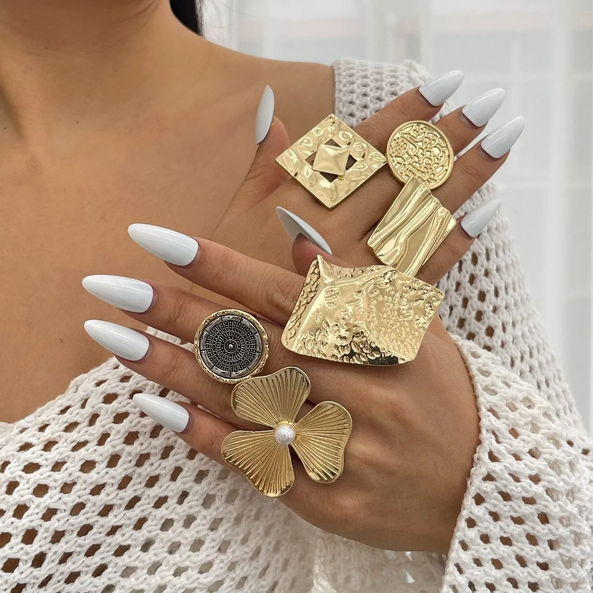 Chunky Gold Silver Tone Irregular Pleated Square Flower Pearl Open Ring Set