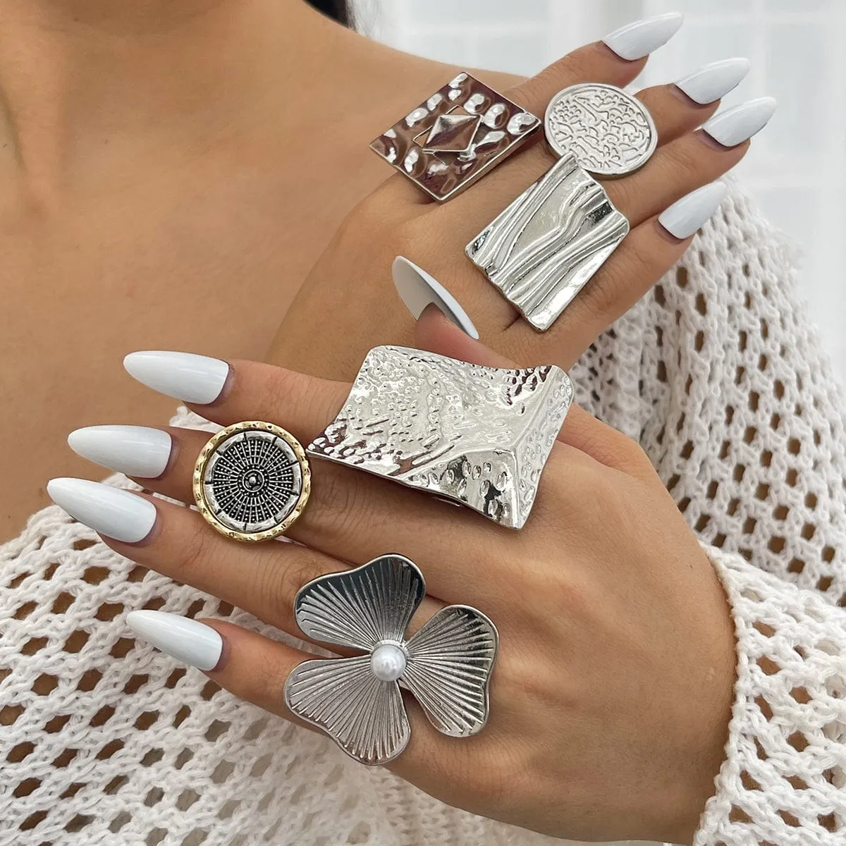 Chunky Gold Silver Tone Irregular Pleated Square Flower Pearl Open Ring Set