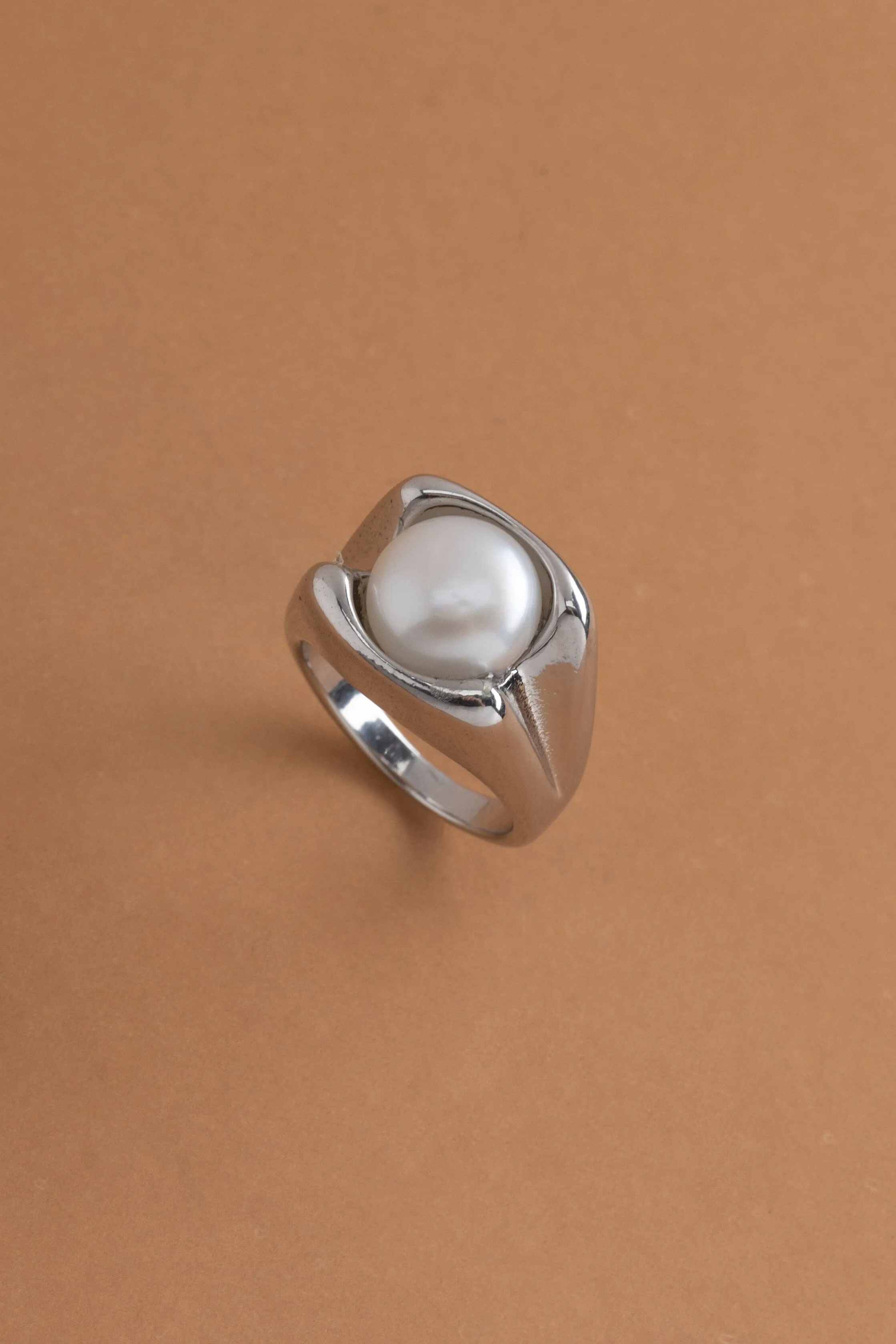 Chunky Silver Pearl Rhodium Ring